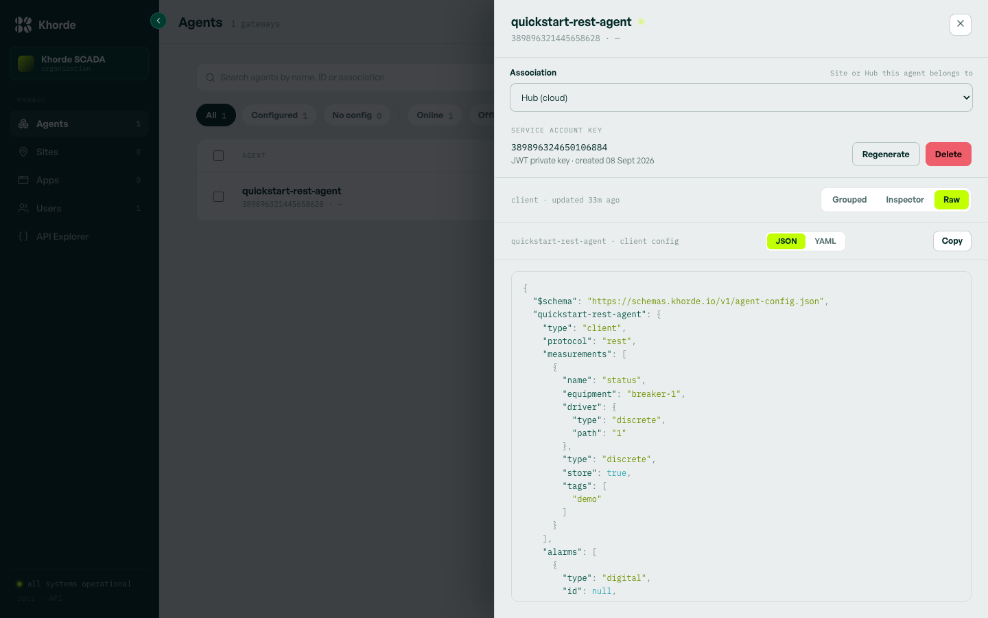 The agent panel's Raw configuration view, showing the full JSON config for quickstart-rest-agent with a JSON/YAML toggle and a Copy button