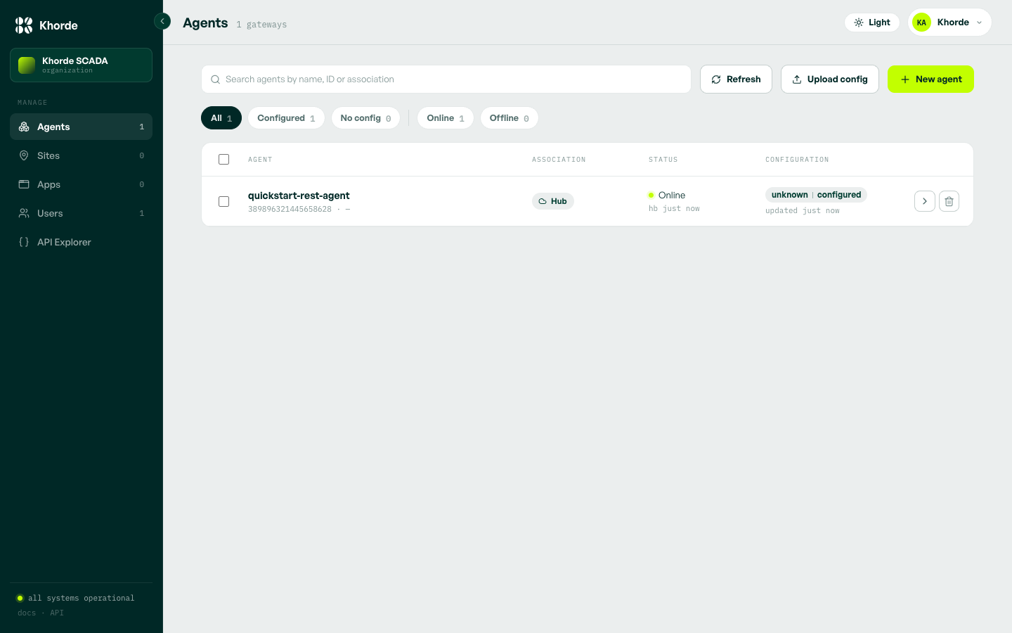 The Agents list showing quickstart-rest-agent now marked configured, updated just now