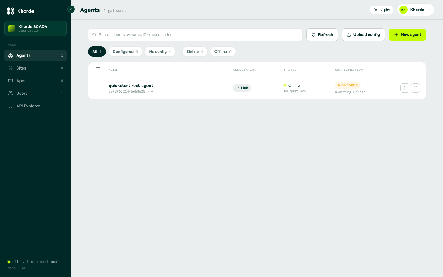 The Agents list showing quickstart-rest-agent with status Online and heartbeat just now