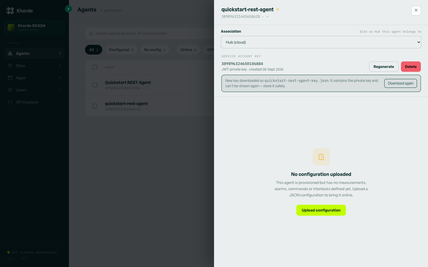 The agent detail panel after generating a service account key, showing a download confirmation