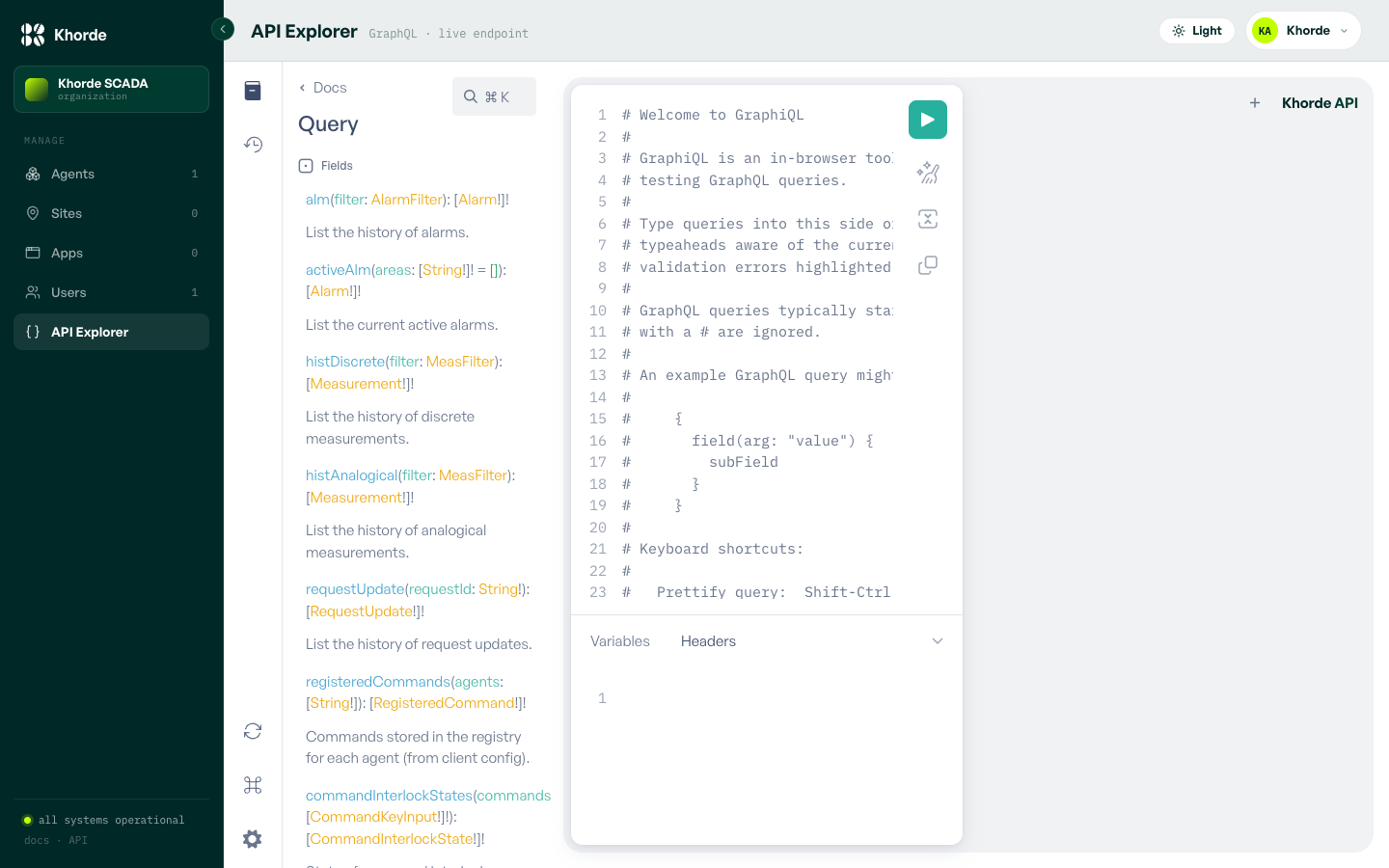 The GraphiQL Docs panel drilled into the Query type, listing every query field with its arguments, return type, and description