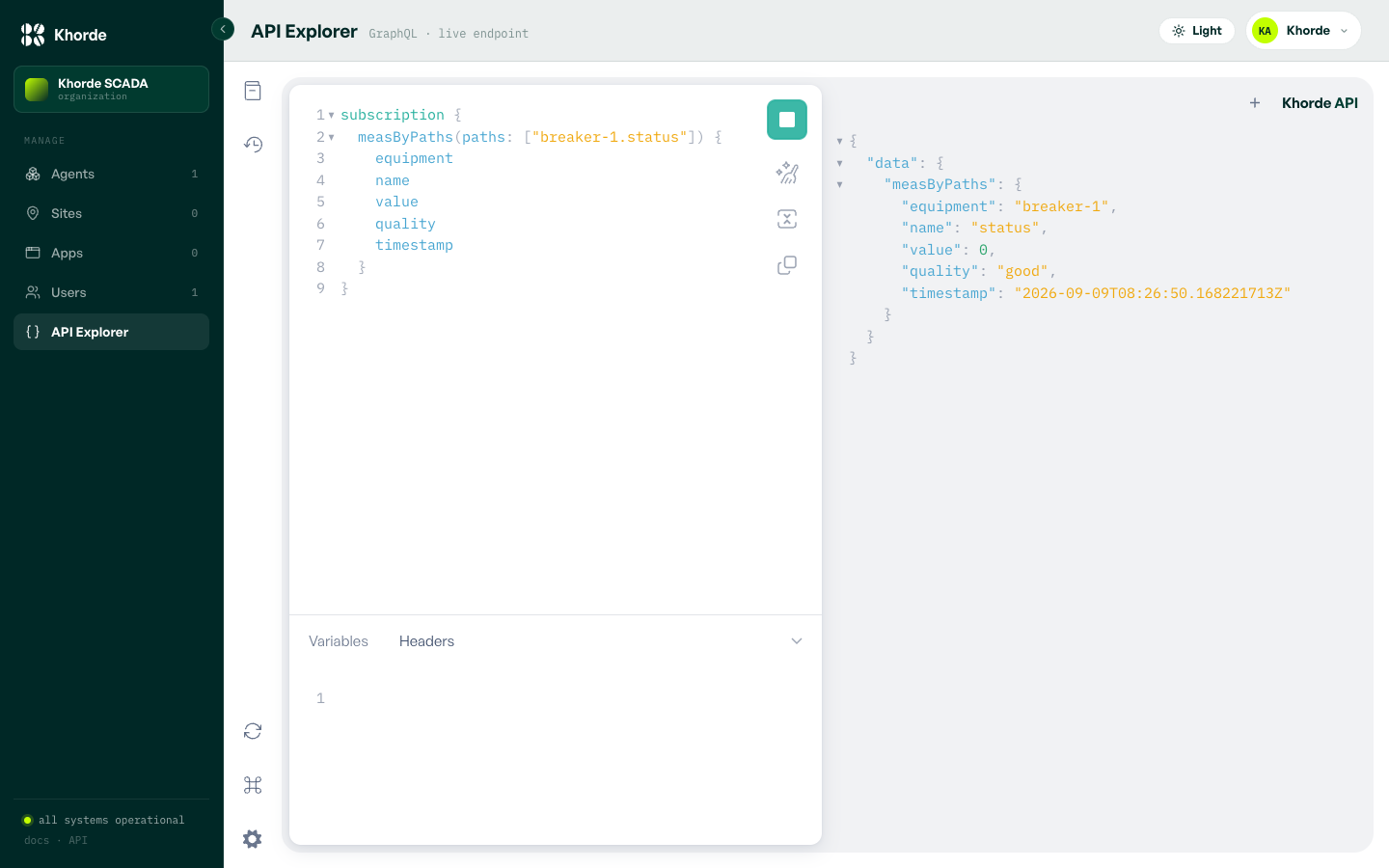 GraphiQL running the measByPaths subscription for breaker-1.status, currently showing value 0