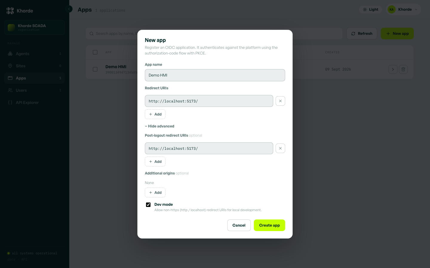 The New app dialog filled in for a Demo HMI: redirect URI, matching post-logout redirect URI, and Dev mode enabled