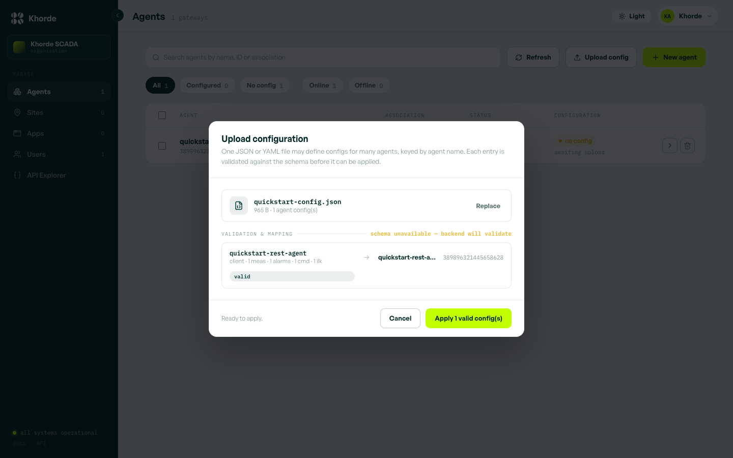 The Upload configuration dialog with quickstart-config.json selected, validated as one measurement, one alarm, one command, and one interlock for quickstart-rest-agent